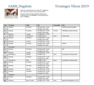 Terminliste for treninger og aktiviteter for ungdomsgruppa